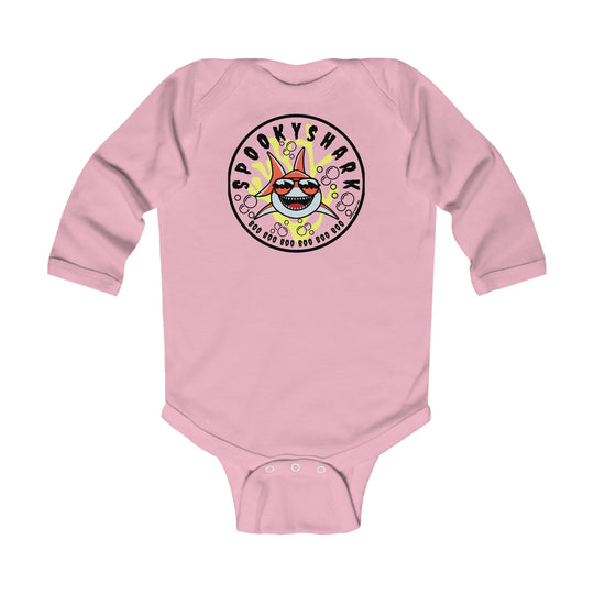Infant long sleeve bodysuit featuring a Spooky Shark design. 100% cotton fabric, plastic snaps for easy changing, ribbed knitting for durability. Perfect for your little one. From Worlds Worst Tees.