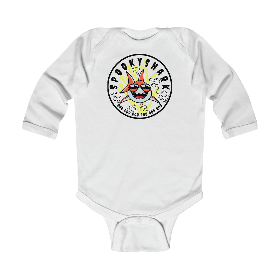 A baby bodysuit featuring a cartoon shark with sunglasses, ideal for durability and comfort. Long sleeves, ribbed bindings, and easy snap closure for hassle-free changes. From Worlds Worst Tees: Spooky Shark Long Sleeved Onesie.