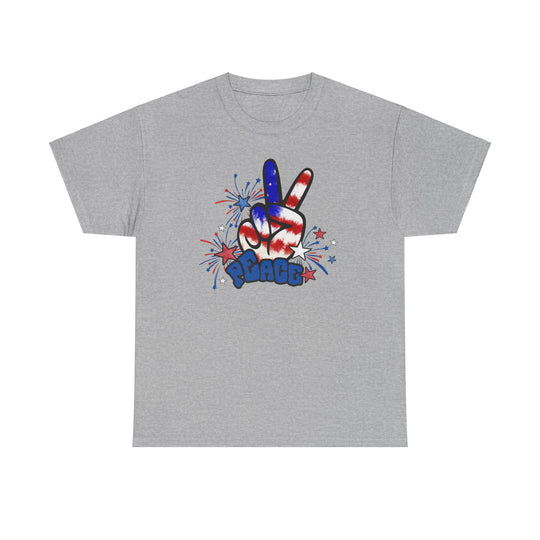 Unisex grey t-shirt featuring a hand symbol with a peace sign and fireworks design. Classic fit, 100% cotton, medium weight fabric. Peace America Tee by Worlds Worst Tees.