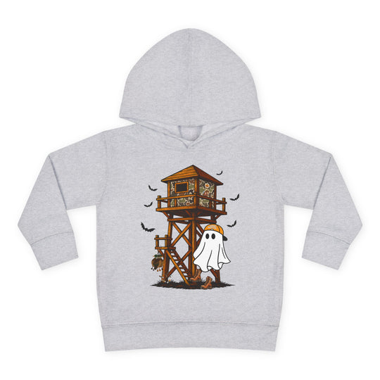 Ghost Hunter Toddler Hoodie with Halloween-themed graphic featuring a ghost in a Candy Hunter cap, pumpkin basket, and bats; designed for comfort and durability.