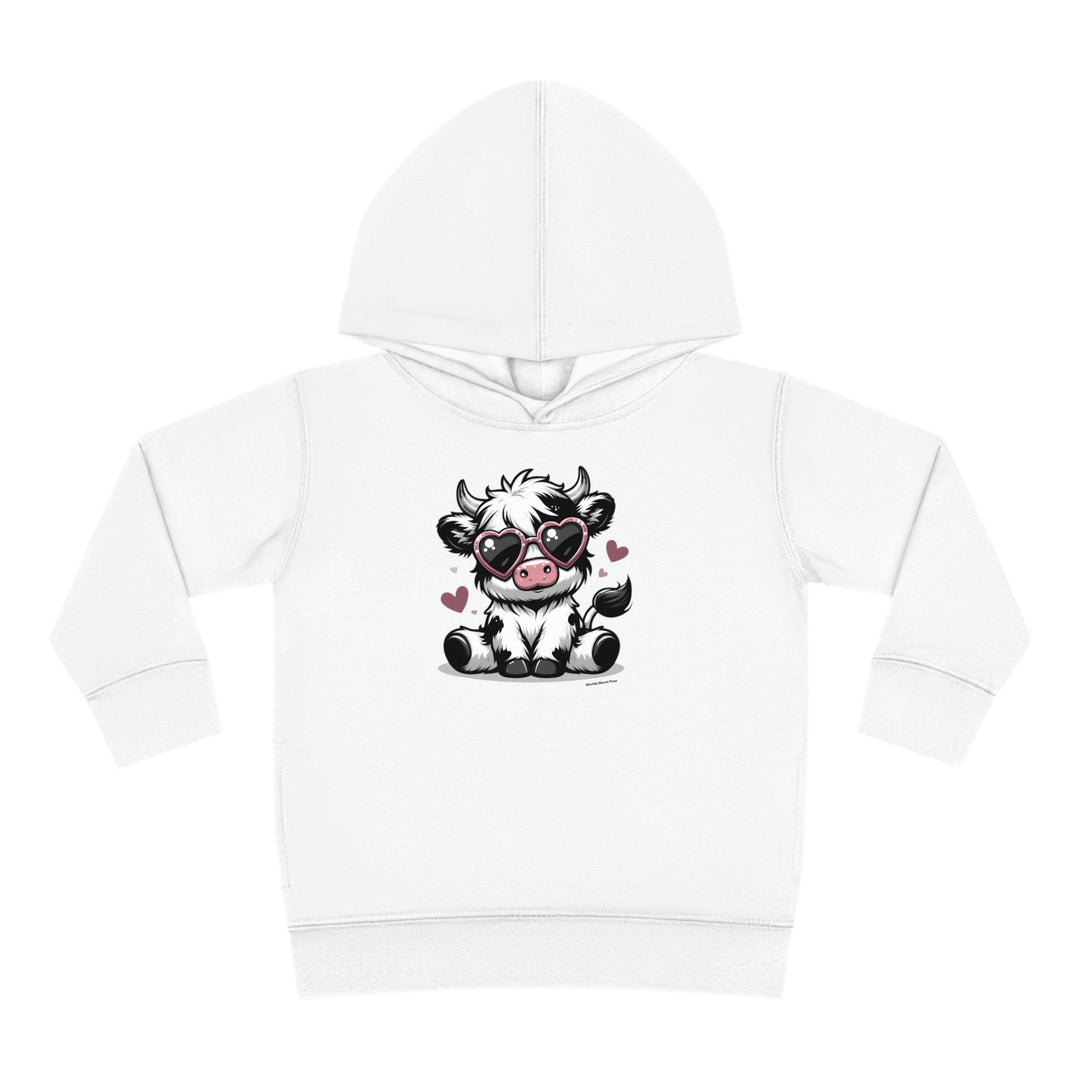 Cute Cow Toddler Hoodie with cartoon cow wearing sunglasses. Jersey-lined hood, cover-stitched details, side seam pockets for coziness. 60% cotton, 40% polyester. Sizes: 2T, 4T, 5-6T.