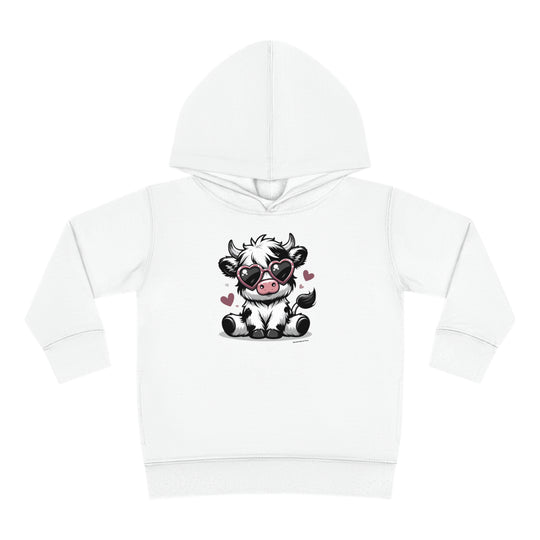 Cute Cow Toddler Hoodie with cartoon cow wearing sunglasses. Jersey-lined hood, cover-stitched details, side seam pockets for coziness. 60% cotton, 40% polyester. Sizes: 2T, 4T, 5-6T.