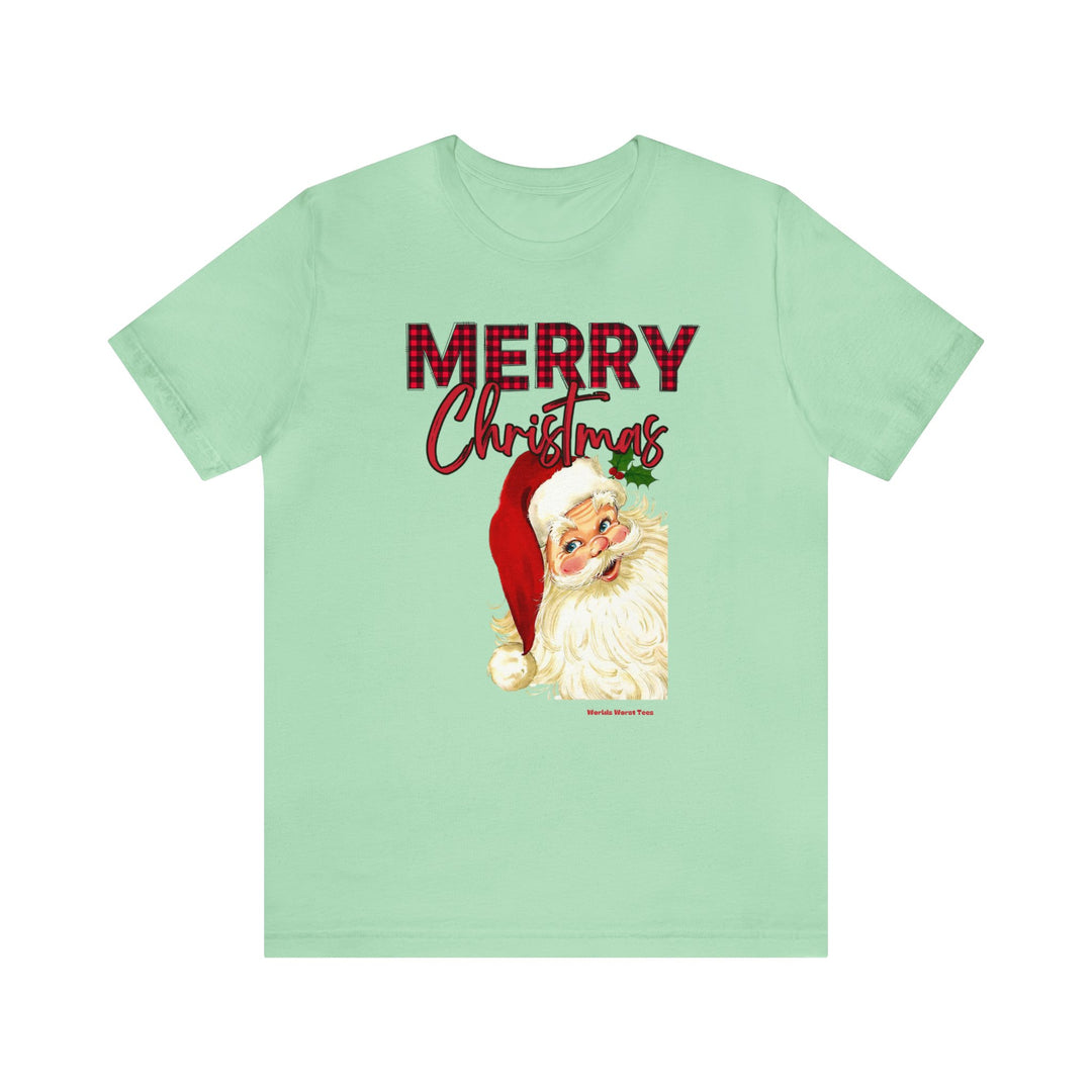 Christmas Santa Tee: Unisex jersey shirt with Santa Claus print. Soft cotton, ribbed knit collar, taping on shoulders, and dual side seams for durability. Available in various sizes. Retail fit, 100% Airlume combed cotton.