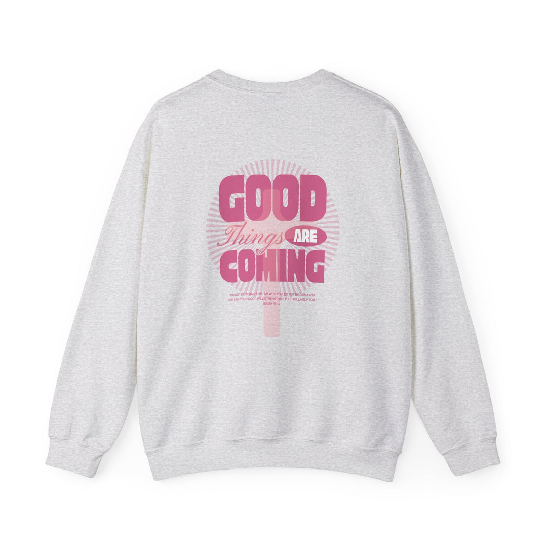 Good Things are Coming Crew sweatshirt, featuring a classic fit with ribbed crew neckline, crafted from a durable polyester-cotton blend, ideal for comfort and style.