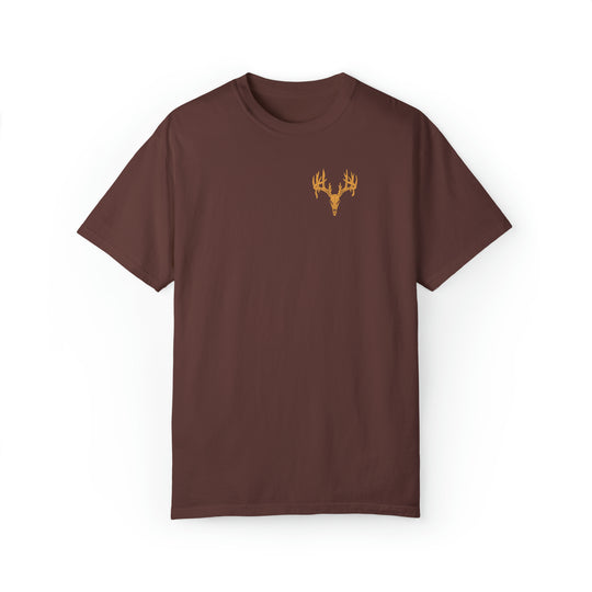 A brown t-shirt featuring a deer head design, part of the Tagged Out Tee collection at Worlds Worst Tees. Unisex, relaxed fit, 80% ring-spun cotton, 20% polyester. Sizes S to 4XL available.