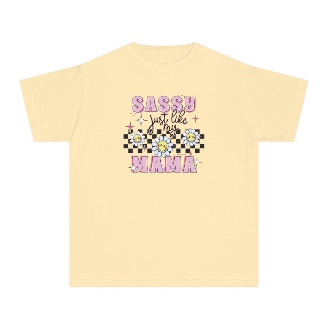 Kid's yellow t-shirt with a sassy graphic design, perfect for active days. 100% combed ringspun cotton, soft-washed, and garment-dyed for comfort. Classic fit for all-day wear.