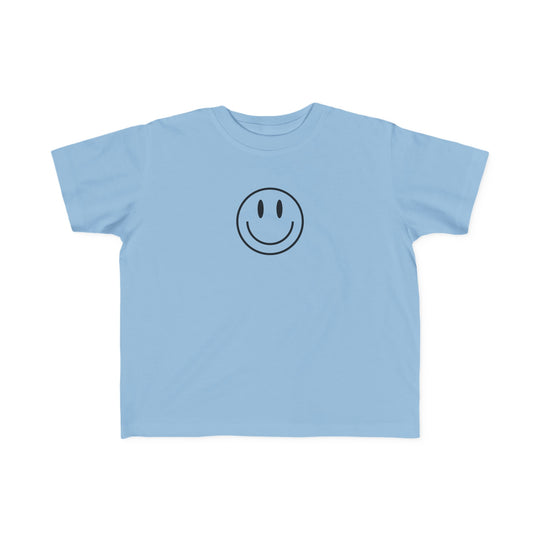 Toddler tee with a smiley face design on blue fabric. Soft 100% combed ring spun cotton, light fabric, tear-away label. Good Day to Have a Good Day Toddler Tee for sensitive skin.