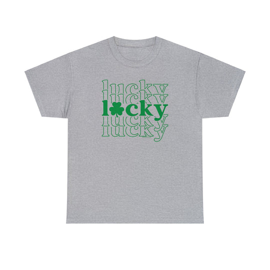 Unisex Lucky Lucky Lucky Tee, a grey t-shirt with green text. Classic fit, no side seams, ribbed knit collar for comfort. Medium weight fabric, 100% cotton. Sizes S to 5XL. From Worlds Worst Tees.