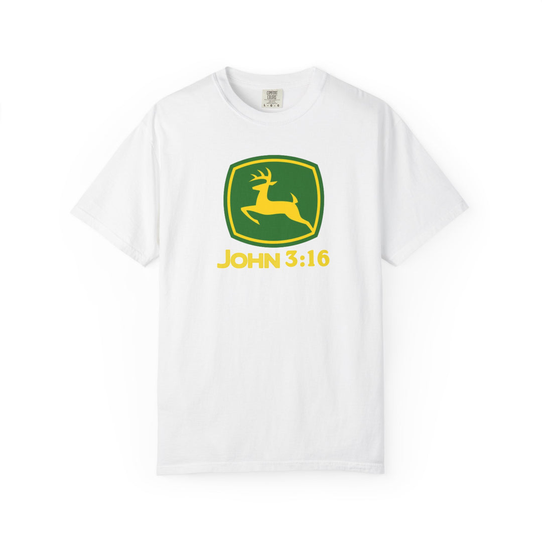 John 3:16 Tee with green-and-yellow leaping deer graphic, durable ring-spun cotton, relaxed fit, and pre-shrunk fabric for consistent sizing.
