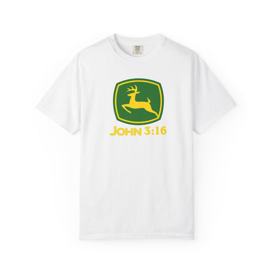 John 3:16 Tee with green-and-yellow leaping deer graphic, durable ring-spun cotton, relaxed fit, and pre-shrunk fabric for consistent sizing.