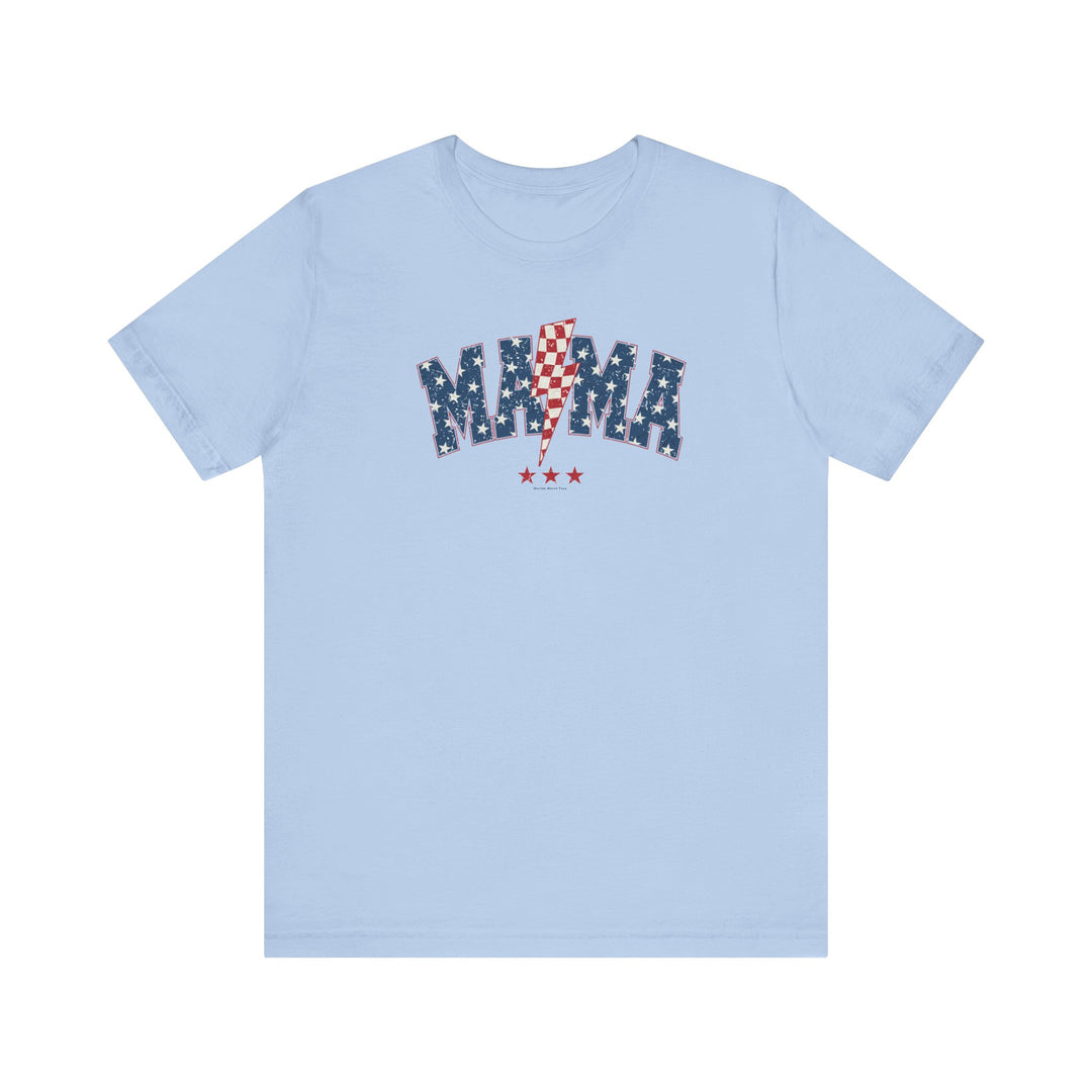 A unisex jersey tee featuring a blue design with red and white stars, a lightning bolt, and a logo. Made of 100% Airlume combed cotton, with ribbed knit collars and tear away label. From Worlds Worst Tees.