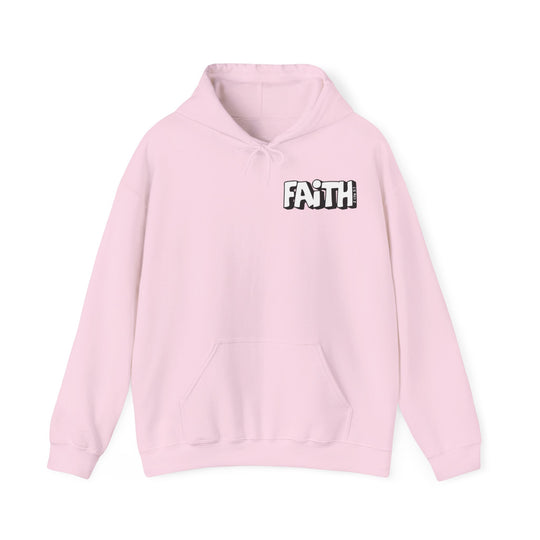 A pink hooded sweatshirt featuring the Walk By Faith Not By Sight Crew logo. Unisex heavy blend of cotton and polyester, with kangaroo pocket and drawstring hood. Medium-heavy fabric, tear-away label, true to size.