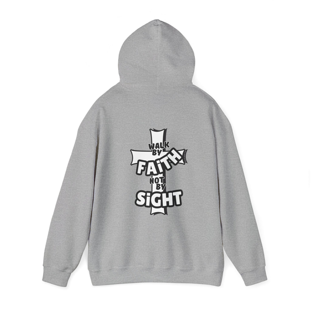 A grey hoodie featuring a cross and white text, part of the Walk By Faith Not By Sight Crew collection from Worlds Worst Tees. Unisex heavy blend, cotton-polyester fabric, kangaroo pocket, and drawstring hood.