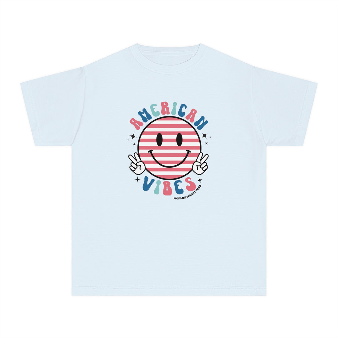 American Vibes Youth Tee: A white kid's t-shirt featuring a smiley face logo and hands. Made of 100% combed ringspun cotton for comfort and agility, perfect for study or playtime.