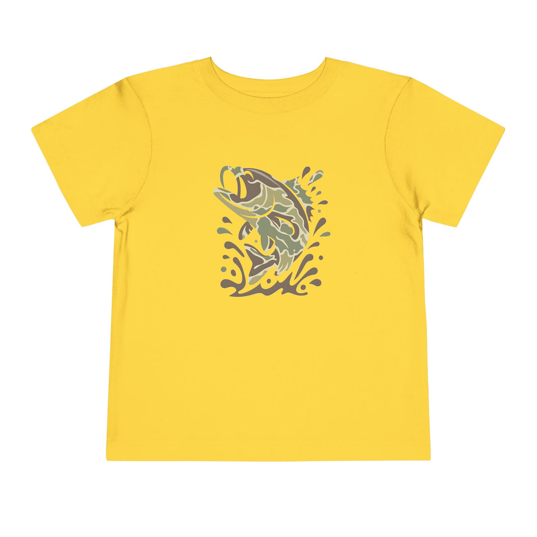 Camo Fish Toddler Tee: A yellow short-sleeve shirt featuring a stylized bass leaping from water, designed for comfort with Airlume cotton and a tear-away label.