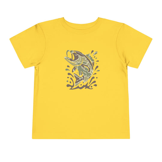Camo Fish Toddler Tee: A yellow short-sleeve shirt featuring a stylized bass leaping from water, designed for comfort with Airlume cotton and a tear-away label.