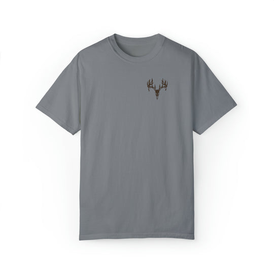 A Tagged Out Tee: Grey t-shirt with deer skull design. Unisex, 80% ring-spun cotton, 20% polyester, relaxed fit, rolled-forward shoulder. From Worlds Worst Tees.