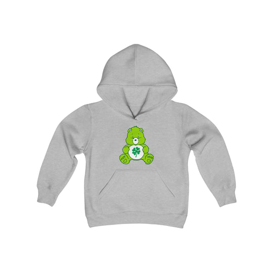 Youth Lucky Bear Hoodie: Grey hoodie featuring a green bear with a clover. Soft, preshrunk fleece blend, kangaroo pocket, reinforced neck. 50% cotton, 50% polyester. Regular fit. Sizes S-XL.