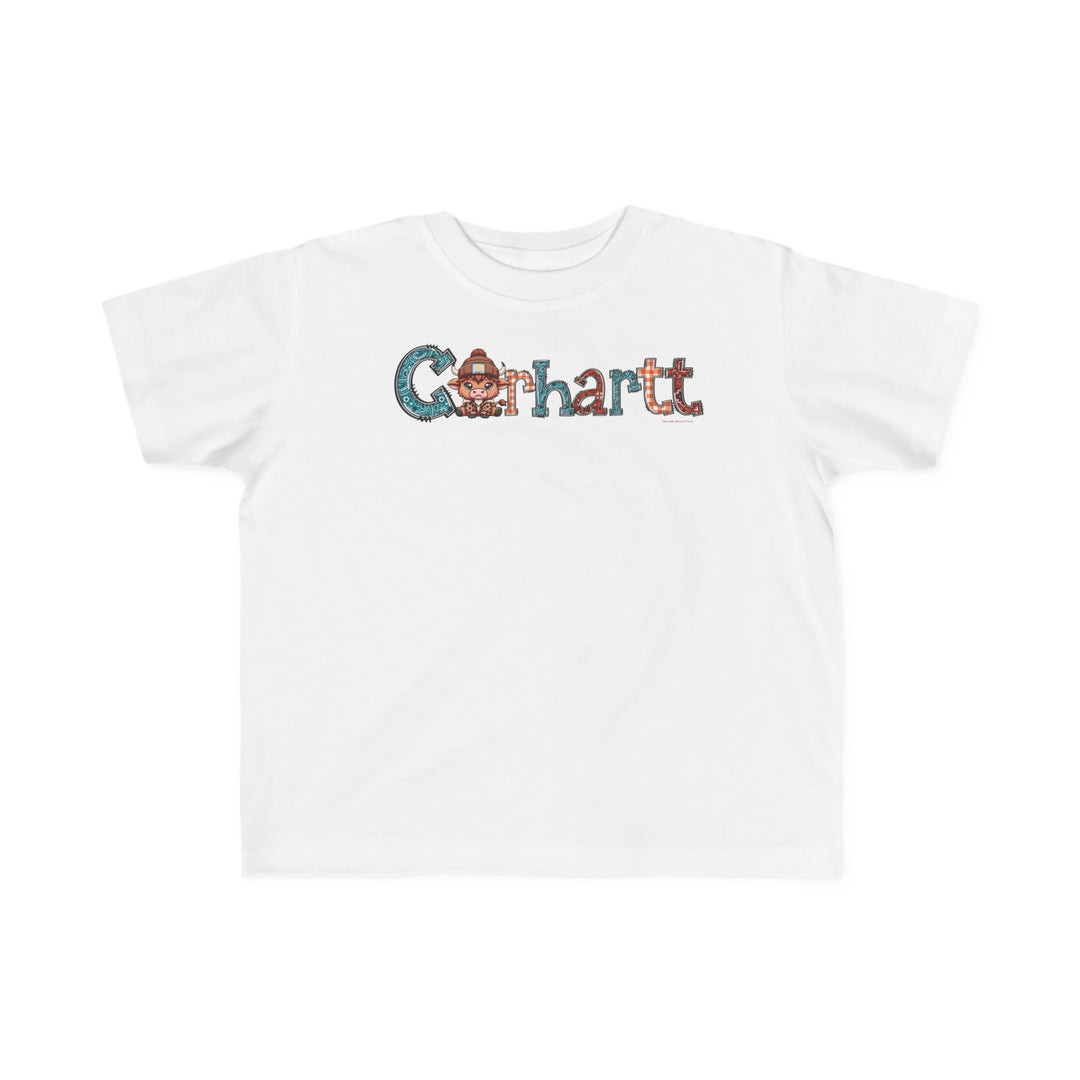 A durable Cowhartt Toddler Tee with a cartoon cow and hat print, perfect for sensitive skin. 100% combed ringspun cotton, light fabric, tear-away label, classic fit. Sizes: 2T, 3T, 4T, 5-6T.