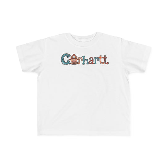 A durable Cowhartt Toddler Tee with a cartoon cow and hat print, perfect for sensitive skin. 100% combed ringspun cotton, light fabric, tear-away label, classic fit. Sizes: 2T, 3T, 4T, 5-6T.