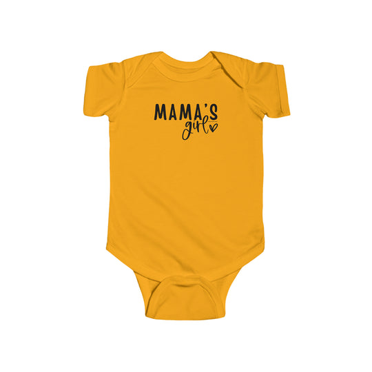 A durable and soft Mama's Girl Onesie for infants, featuring 100% cotton fabric, ribbed knit bindings, and plastic snaps for easy changing. From Worlds Worst Tees, known for unique graphic t-shirts and custom designs.