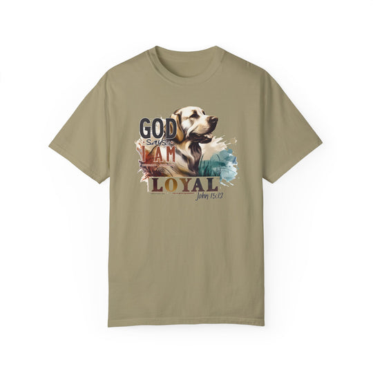 A loyal dog graphic tee in tan, showcasing a dog design on soft ring-spun cotton. Relaxed fit, double-needle stitching for durability, and seamless sides for comfort. From Worlds Worst Tees.