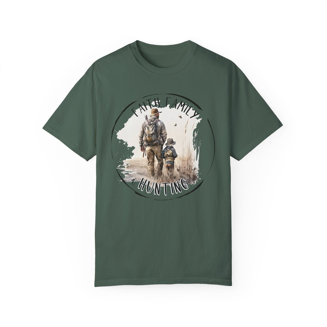 A Faith Family Hunting Tee, featuring a man and child on a green shirt. 100% ring-spun cotton, garment-dyed for coziness, with a relaxed fit and durable double-needle stitching. From Worlds Worst Tees.