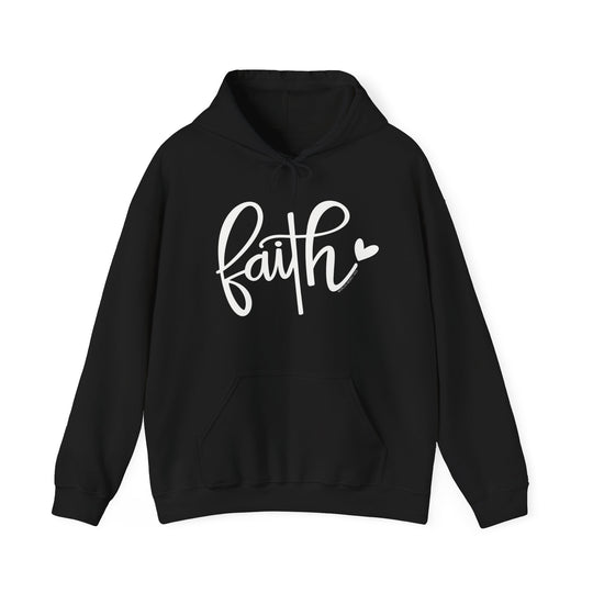 A black Faith Hoodie sweatshirt with white text, featuring a kangaroo pocket and drawstring hood. Unisex, cotton-polyester blend, cozy for cold days. Medium-heavy fabric, classic fit, tear-away label.