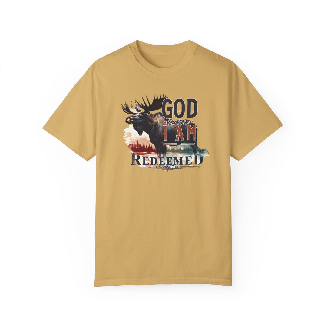 A moose-themed Redeemed Tee, 100% ring-spun cotton, garment-dyed for coziness. Relaxed fit, durable double-needle stitching, tubular shape. Sizes: S-3XL.