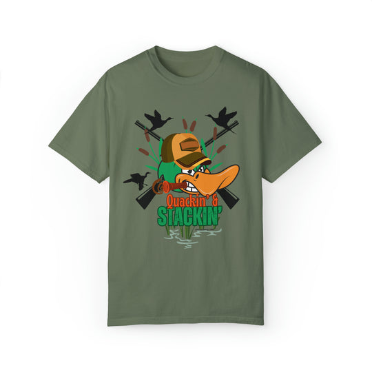 A duck-themed t-shirt featuring a duck head with a hat design. Unisex garment-dyed sweatshirt made of 80% ring-spun cotton and 20% polyester, with a relaxed fit and rolled-forward shoulder. From Worlds Worst Tees.