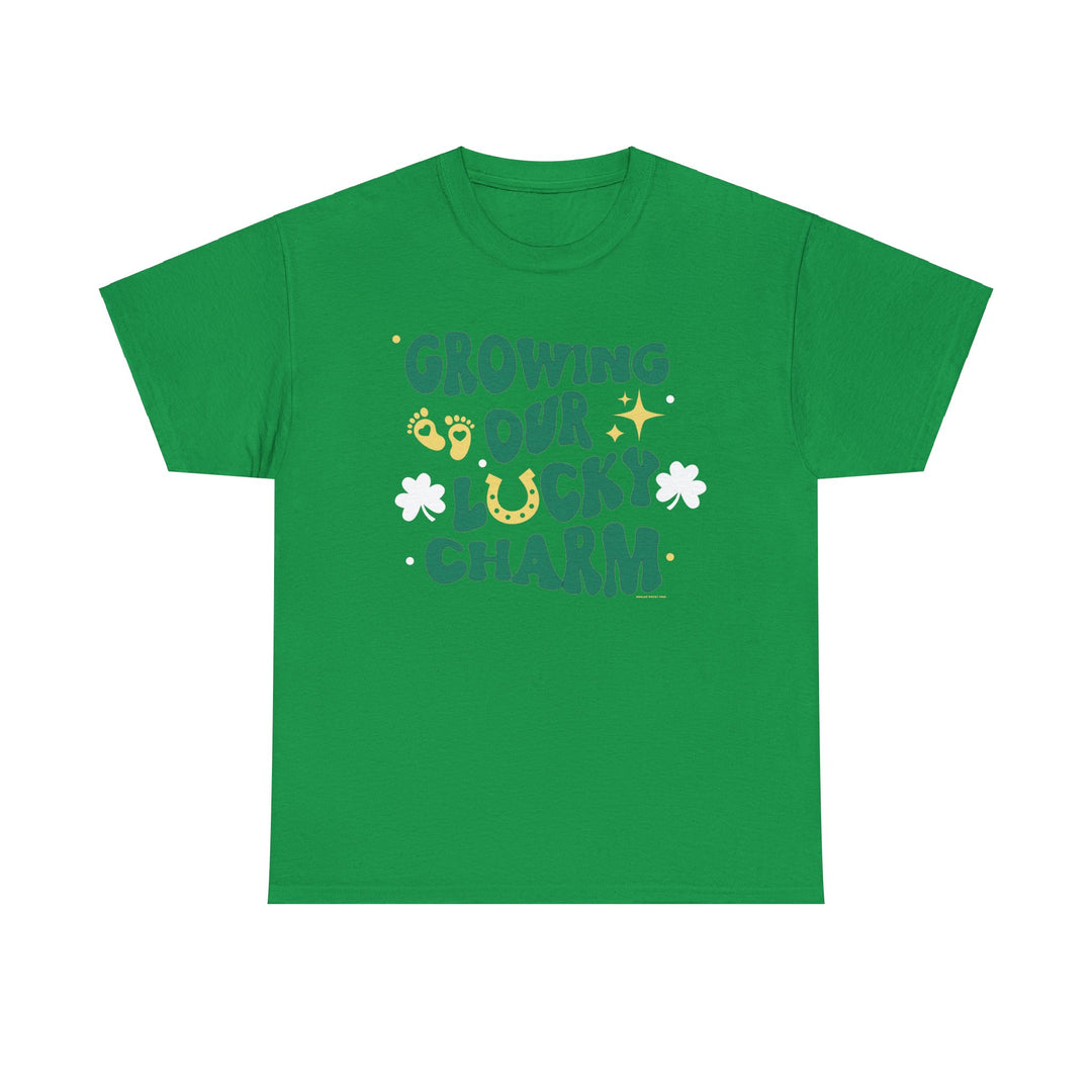 Unisex Lucky Charm Tee: A green t-shirt with words, symbols, and a star design. Medium-weight, 100% cotton fabric for comfort and durability. Classic fit with tear-away label for a timeless look.