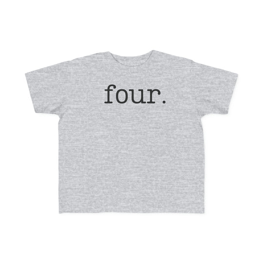 A toddler tee featuring a grey fabric with bold black text. Soft and gentle on sensitive skin, made of 100% combed, ring-spun cotton. Perfect for little adventurers.