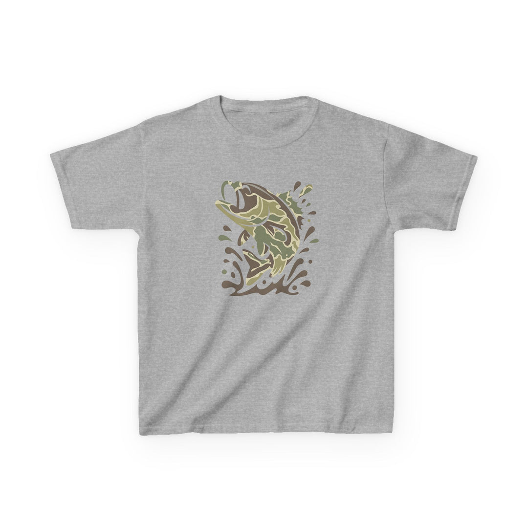 Camo Fish Kids Tee: Heather-grey T-shirt with a leaping camo-style fish graphic, designed for durability and comfort, ideal for everyday wear.