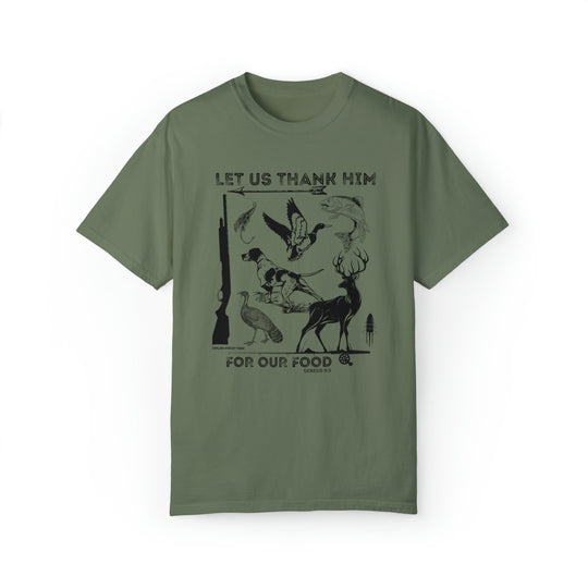Unisex green t-shirt featuring birds and deer, made of 80% ring-spun cotton and 20% polyester. Relaxed fit with rolled-forward shoulder and back neck patch. From Worlds Worst Tees.