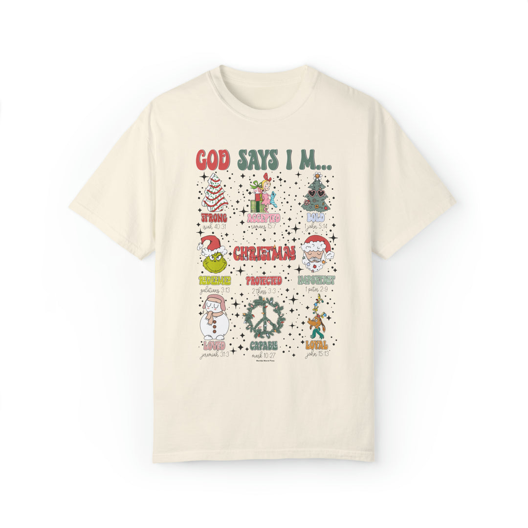 A white t-shirt featuring various designs, including a cartoon Santa Claus, peace sign with lights, and a snowman with a scarf and hat. Unisex, garment-dyed sweatshirt with relaxed fit and 80% ring-spun cotton, 20% polyester blend.