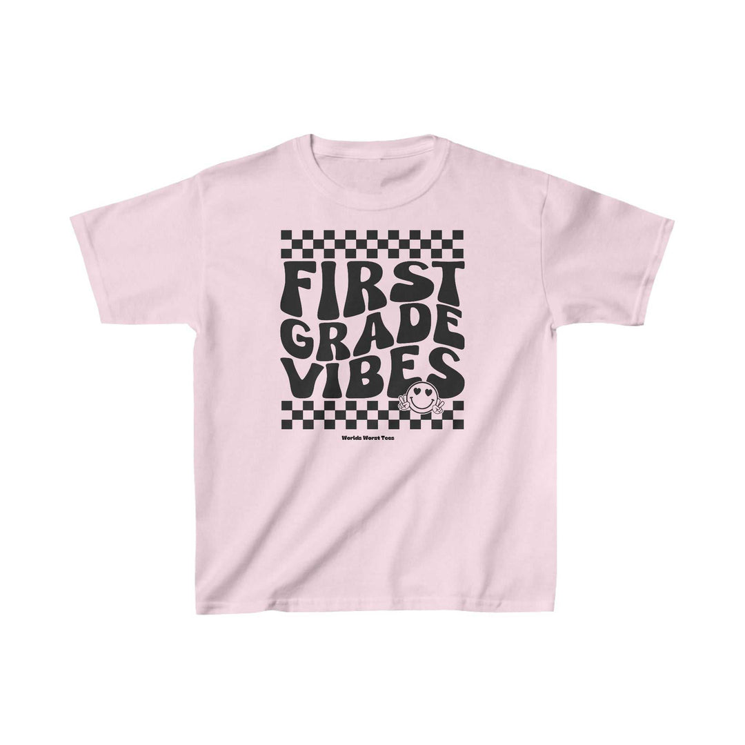 Kids 1st Grade Vibes Tee, white cotton shirt with black text. Lightweight, durable, classic fit, tear-away label, suitable for printing. Sizes: XS to XL. Ideal for everyday wear.