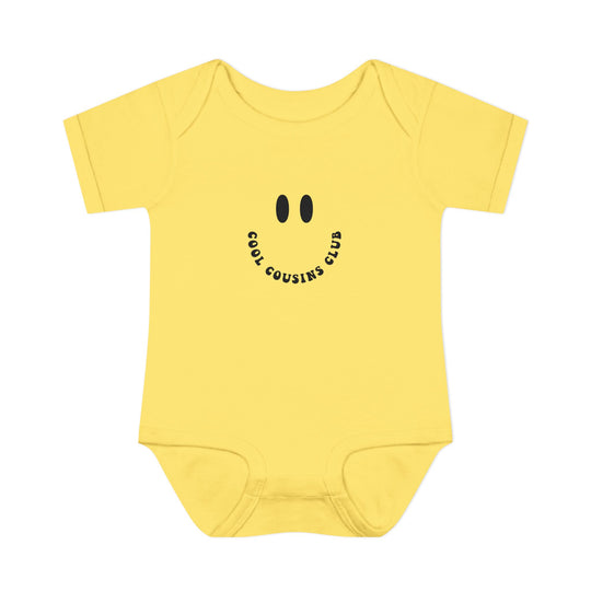 Cool Cousins Club Onesie: Soft, unisex infant bodysuit with lap shoulders, made of 100% combed ringspun cotton, ensuring comfort and easy adjustments for babies.