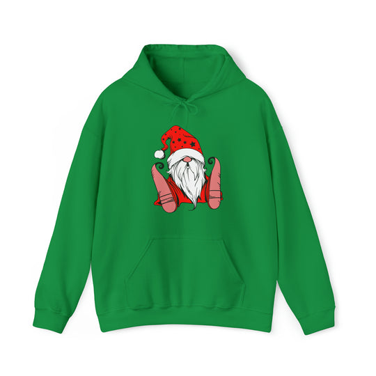 Christmas Gnome Hoodie: Unisex green sweatshirt featuring a gnome and Santa Claus cartoons. Thick cotton-polyester blend, kangaroo pocket, and drawstring hood. Ideal for warmth and comfort.