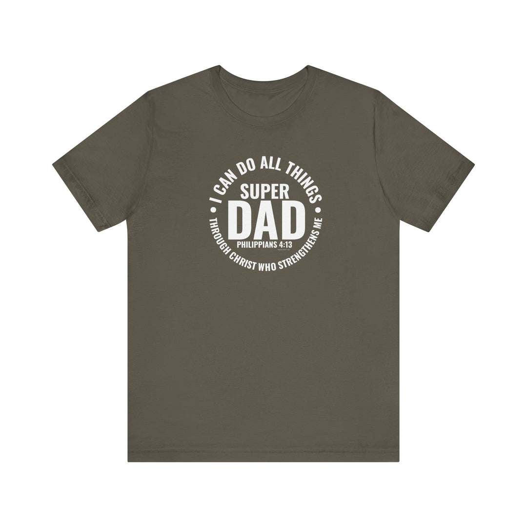 A Super Dad Tee, a grey t-shirt with white text, 100% cotton, retail fit, ribbed knit collars, tear away label, unisex, sizes XS-3XL, light fabric, runs true to size.