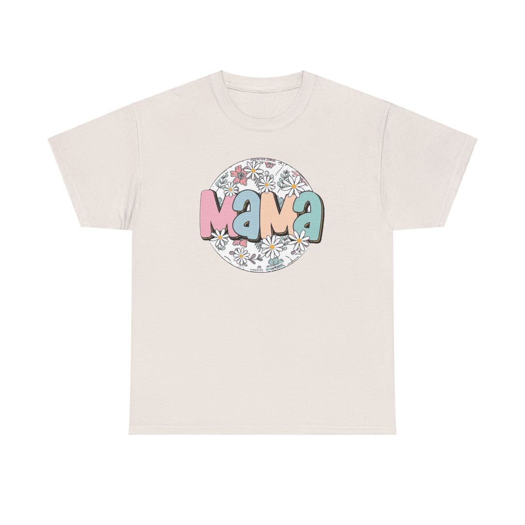 Unisex Sassy Mama Flower Tee, a white t-shirt with a logo of a circle, flowers, and letters. Heavy cotton fabric, no side seams, ribbed knit collar. Sizes S-5XL. From Worlds Worst Tees.