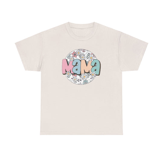 Unisex Sassy Mama Flower Tee, a white t-shirt with a logo of a circle, flowers, and letters. Heavy cotton fabric, no side seams, ribbed knit collar. Sizes S-5XL. From Worlds Worst Tees.
