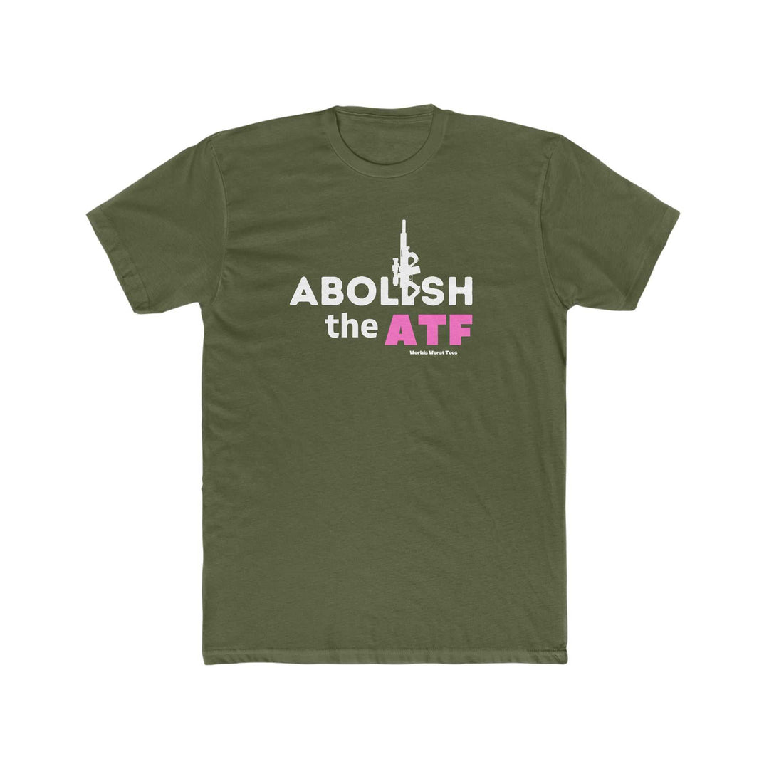 Men's premium fitted short sleeve tee, featuring Abolish the ATF statement print. Comfy, light 100% cotton fabric with tear-away label. Ideal for workouts or daily wear. Bigger fit than usual.