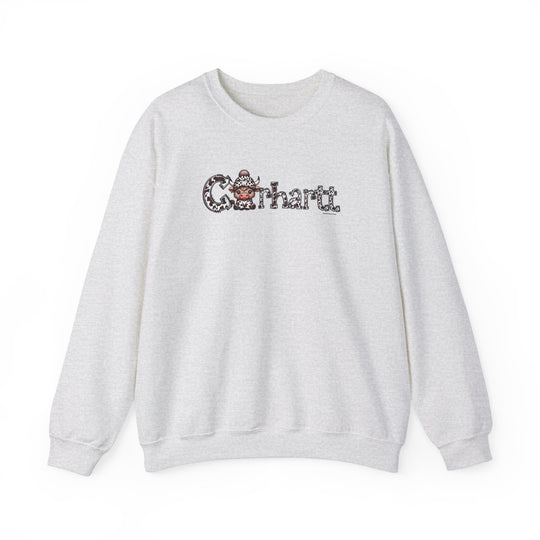 A white crewneck sweatshirt featuring a cow design, ideal for all occasions. Made of 50% cotton and 50% polyester, with ribbed knit collar and no itchy side seams. Medium-heavy fabric, loose fit, true to size.