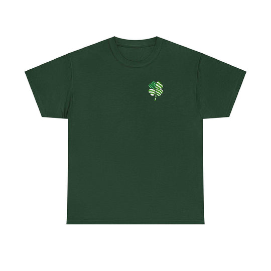 Unisex USA Clover Tee, a green t-shirt with a shamrock design. Basic staple with no side seams, tape on shoulders for durability, and ribbed knit collar. 100% cotton, medium weight fabric, classic fit.