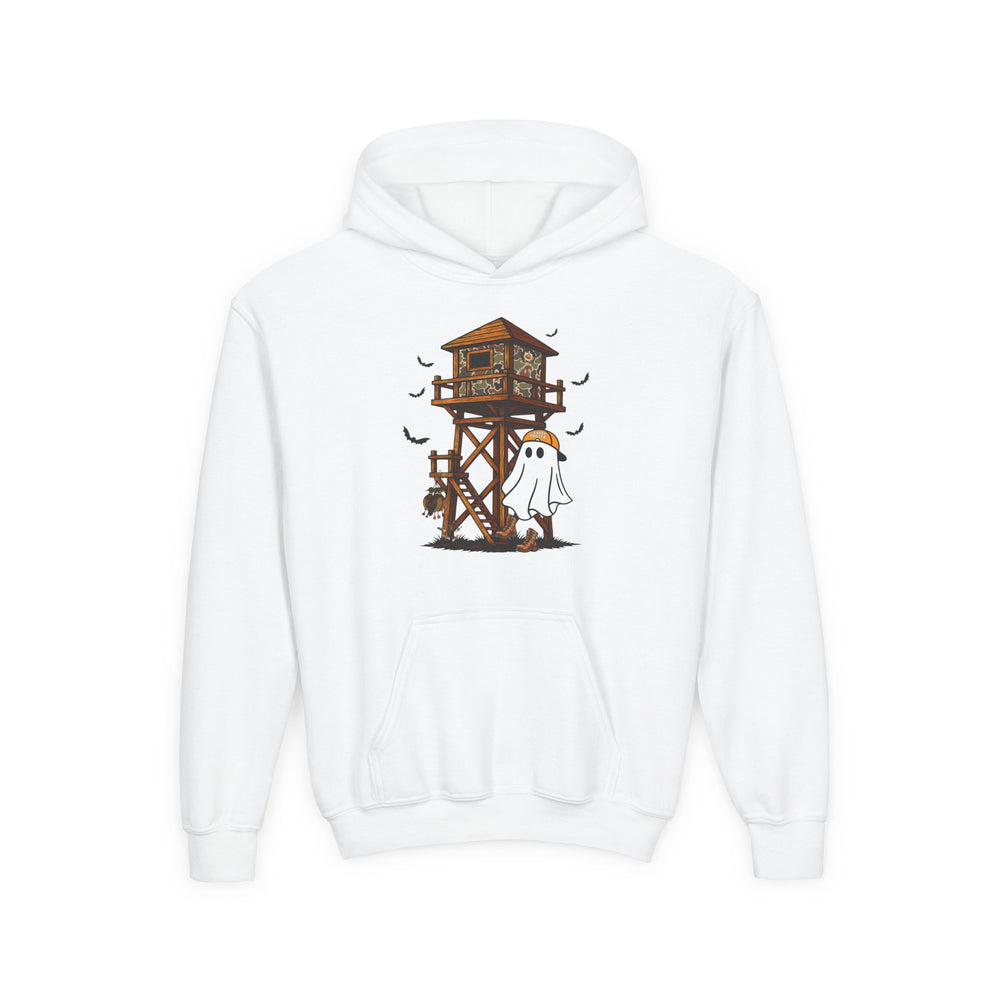 Ghost Hunter Youth Hoodie featuring a whimsical Halloween graphic with a cartoon ghost, hunting tower, bats, and trick-or-treat bag, ideal for playful seasonal wear.