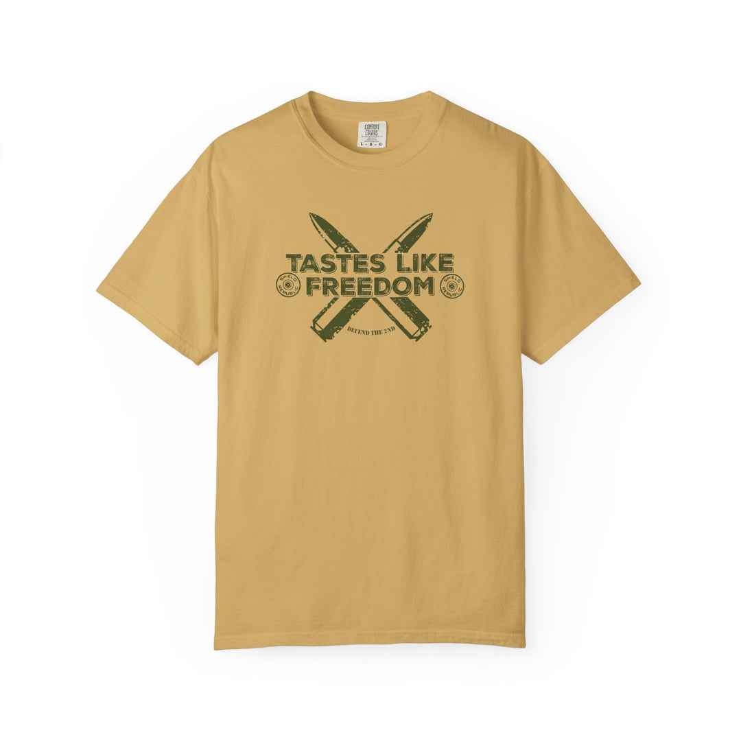 Freedom Tee, a relaxed fit, 100% ring-spun cotton t-shirt, featuring durable double-needle stitching, designed for comfort and style, available in various sizes.