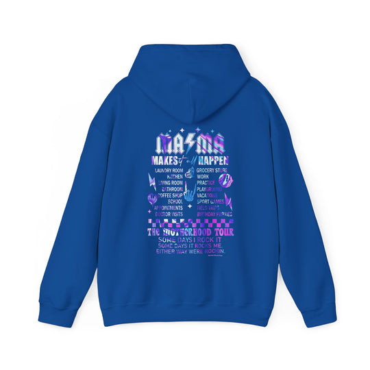 Unisex Ma/Ma Band Hoodie: A blue hoodie with white text, kangaroo pocket, and matching drawstring. Cozy blend of cotton and polyester, perfect for chilly days. Medium-heavy fabric, classic fit, tear-away label.