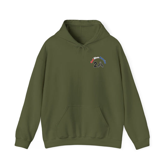 A heavy blend God Bless America 2A hoodie in green, featuring a logo, kangaroo pocket, and drawstring hood. Unisex, cotton-polyester fabric for comfort and warmth. No side seams, ideal for printing.