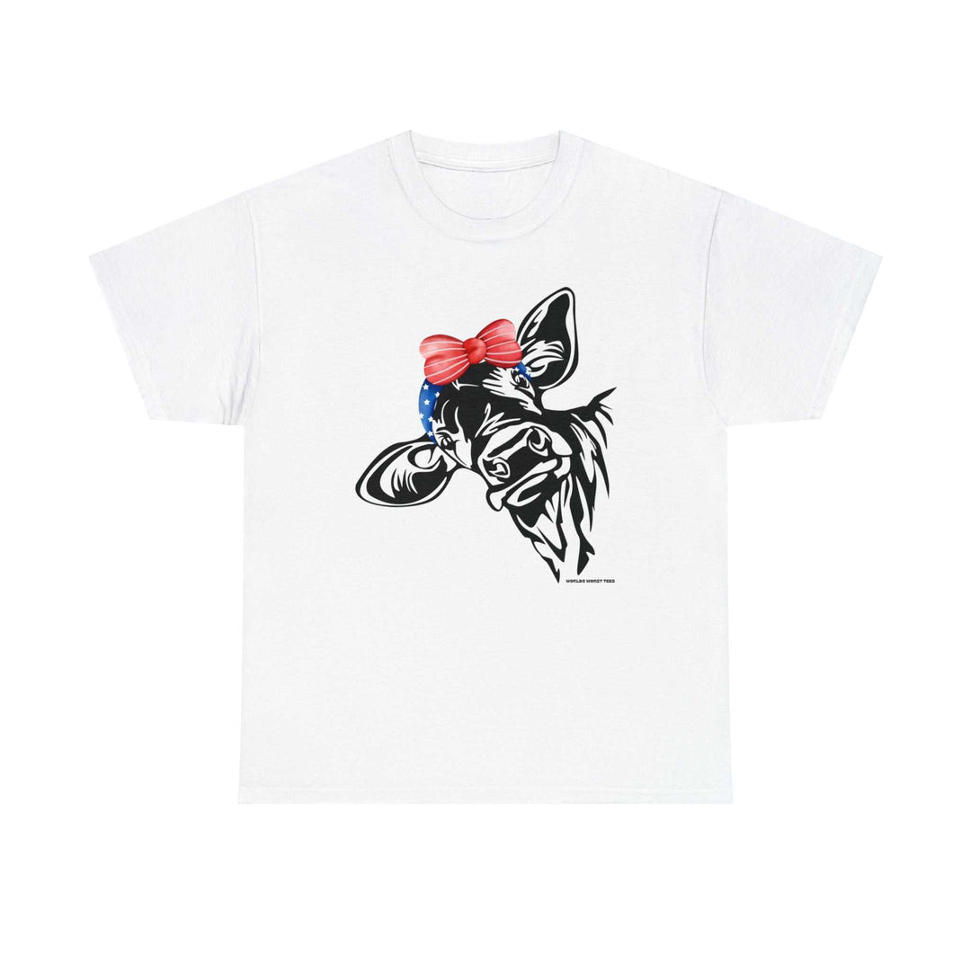 Unisex heavy cotton tee featuring a cow with a bow, ideal for casual fashion. No side seams, durable tape on shoulders, and ribbed knit collar. Available in various sizes. From 'Worlds Worst Tees'.