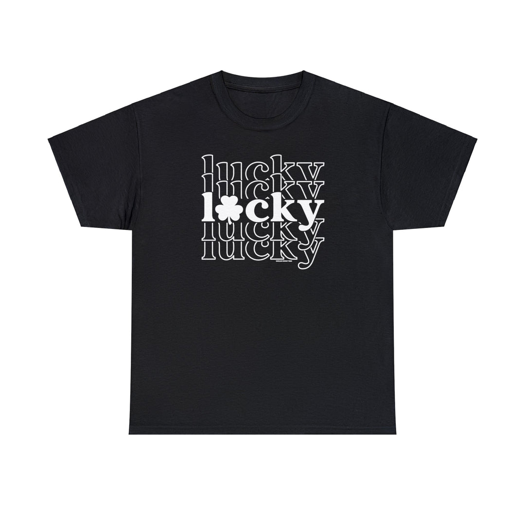 Unisex Lucky Lucky Lucky Tee, black shirt with white text, active shirt, classic fit, 100% cotton, medium weight fabric, ribbed knit collar, no side seams, durable tape shoulders.